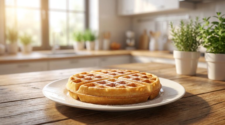 Une gaufre dorée saupoudrée de sucre glace sur une assiette blanche, posée sur une table en bois clair dans une cuisine ensoleillée.