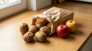 Un sac en papier rempli de kiwis renversé sur une planche en bois, avec deux pommes (une rouge, une jaune) à côté.