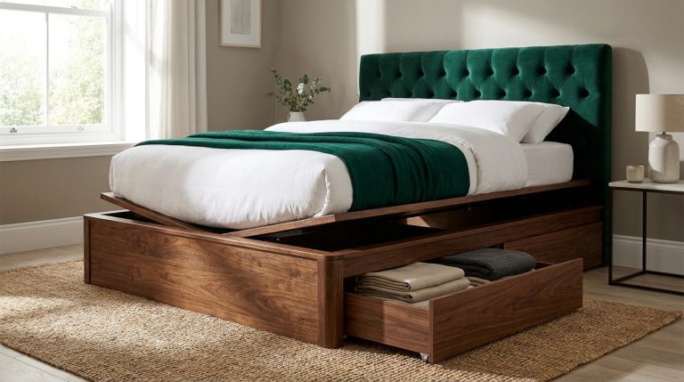 Lit coffre en bois avec tête de lit capitonnée en velours vert, sommier relevé et tiroir ouvert de rangements.
