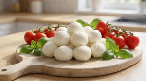 Boules de mozzarella fraîche, tomates cerises en grappe et feuilles de basilic disposées sur une planche à découper en bois clair.