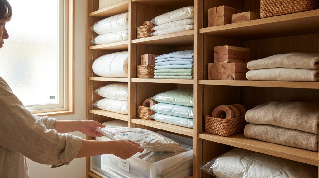 Femme organisant un placard de rangement. Couettes, draps et vêtements sont stockés sous vide avec des blocs de cèdre.