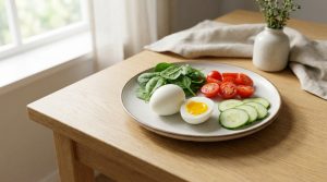 Une assiette de régime avec un œuf dur, un œuf mollet, des épinards frais, des tomates cerises et des concombres sur une table en bois.