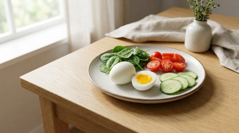 Une assiette de régime avec un œuf dur, un œuf mollet, des épinards frais, des tomates cerises et des concombres sur une table en bois.
