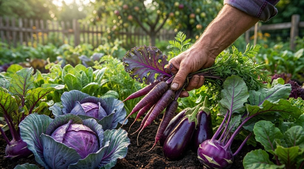Main de jardinier tenant carottes violettes, entourée de choux rouges, aubergines et choux-raves violets dans un jardin ensoleillé.