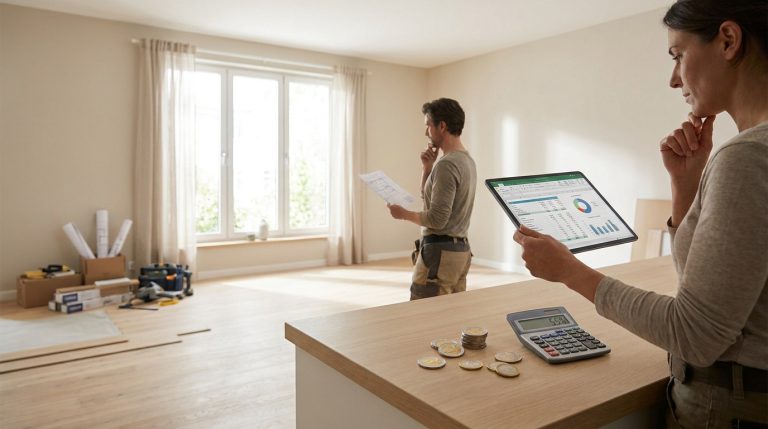 Un couple planifie des travaux de rénovation. La femme consulte un budget sur tablette, l'homme des plans. Calculatrice et monnaie sur table.