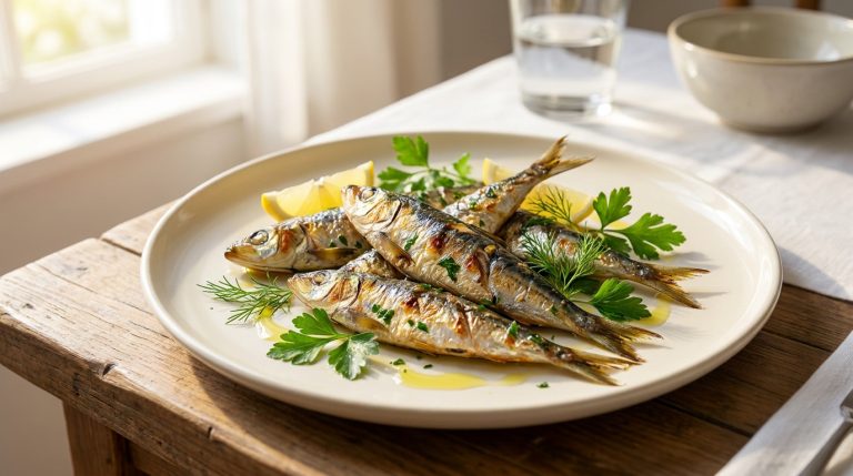 Assiette de sardines grillées garnies de quartiers de citron, persil et aneth, sur une table en bois près d'une fenêtre ensoleillée.