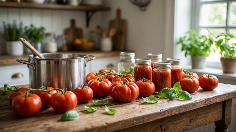 Tomates fraîches, marmite et bocaux de sauce prêts pour la mise en conserve sur une table en bois rustique en cuisine.