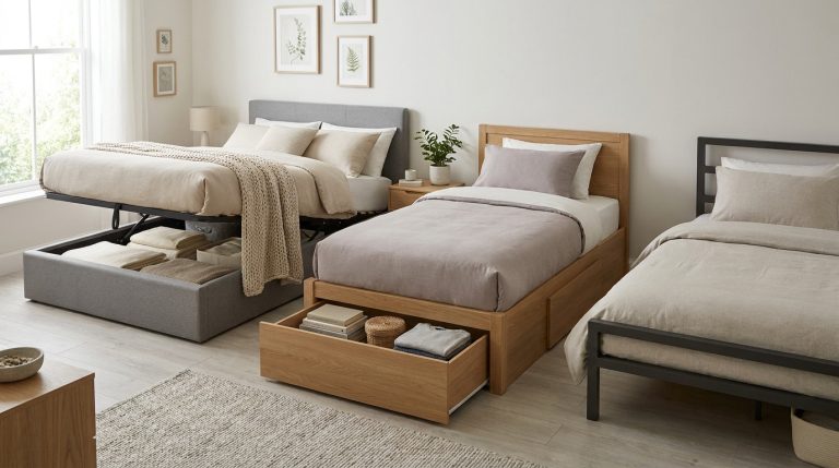 Une chambre moderne présente trois types de lits : un lit coffre, un lit tiroir et un sommier classique pour comparer les options.