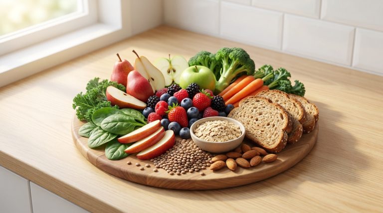 Planche en bois remplie de fruits, légumes, céréales complètes, légumineuses et noix, aliments variés riches en fibres.