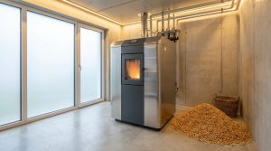 Une chaudière à granulés en métal installée dans une pièce en béton avec un tas de pellets au sol.
