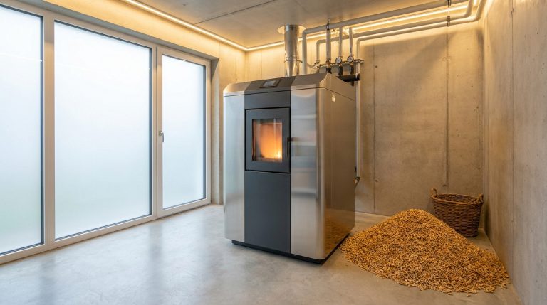 Une chaudière à granulés en métal installée dans une pièce en béton avec un tas de pellets au sol.
