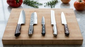 Cinq couteaux de cuisine variés, dont un couteau de chef, Santoku, office et à pain, alignés sur une planche à découper en bois. Légumes et herbes en arrière-plan flou.