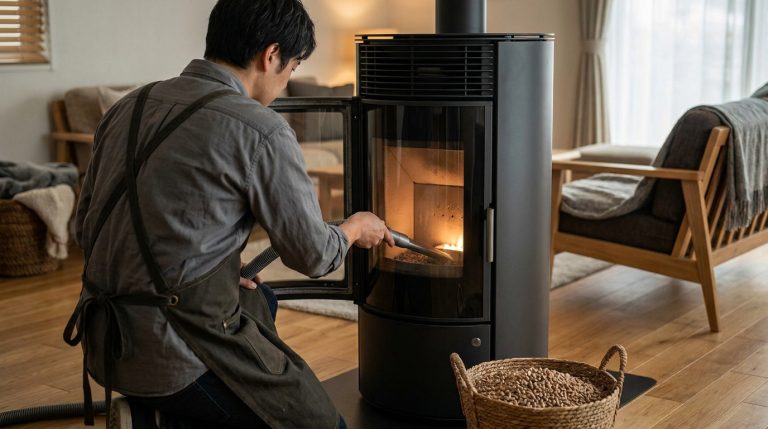 Un homme en tablier nettoie l'intérieur d'un poêle à granulés moderne avec un aspirateur dans un salon chaleureux.