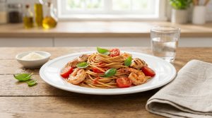 Assiette de spaghetti complets avec crevettes, poulet grillé, tomates cerises et basilic frais sur une table en bois.