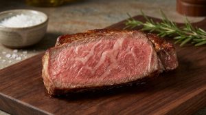 Gros plan sur un steak de bœuf Angus coupé en deux, révélant un persillage rose et blanc. Servi sur une planche en bois avec sel et romarin.