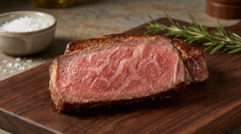Gros plan sur un steak de bœuf Angus coupé en deux, révélant un persillage rose et blanc. Servi sur une planche en bois avec sel et romarin.