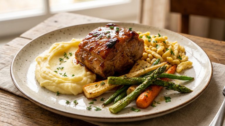 Assiette de palette de porc glacée servie avec purée, spaetzles, asperges et légumes rôtis sur une table en bois.