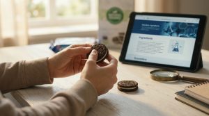 Mains examinant un biscuit Oreo devant une tablette affichant une liste d'ingrédients.