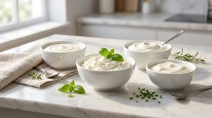 Bols de fromages blancs et ricotta sur un plan de travail en marbre avec des herbes fraîches dans une cuisine lumineuse.