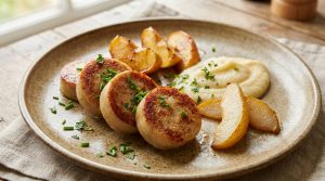 Tranches de boudin blanc grillées avec purée de pommes de terre, quartiers de pommes et ciboulette sur une assiette.