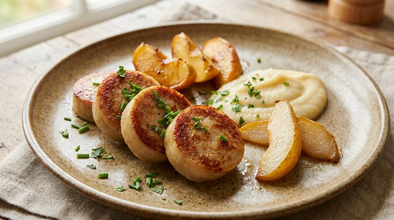 Tranches de boudin blanc grillées avec purée de pommes de terre, quartiers de pommes et ciboulette sur une assiette.