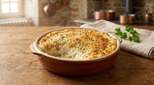 Une brandade de morue fumante dans un plat en terre cuite sur une table en bois rustique.