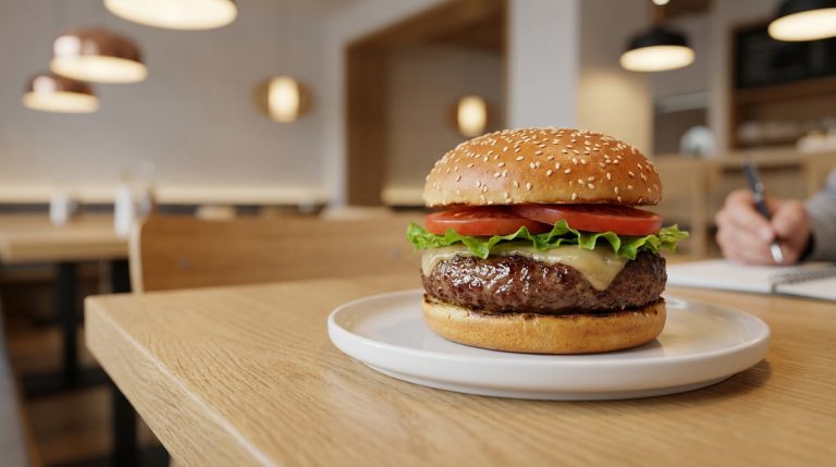 Un burger appétissant sur une assiette blanche dans un restaurant moderne, avec une main écrivant dans un carnet à côté.