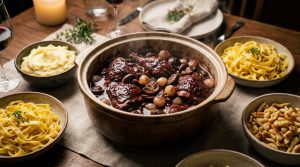 Une cocotte de coq au vin fumante entourée de bols de purée, de tagliatelles et de spaetzles sur une table en bois.