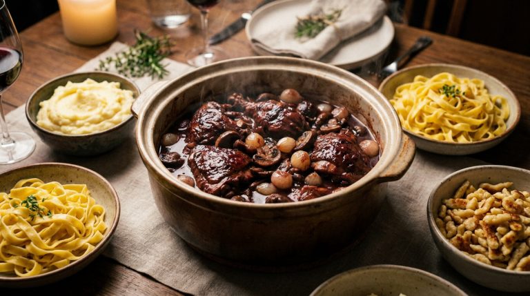 Une cocotte de coq au vin fumante entourée de bols de purée, de tagliatelles et de spaetzles sur une table en bois.