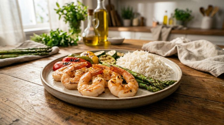 Assiette de crevettes grillées servies avec du riz blanc, des asperges et des légumes grillés sur une table en bois.