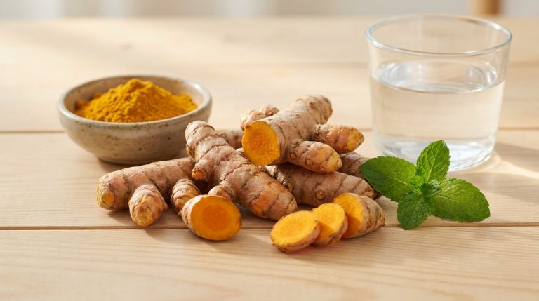 Racines et poudre de curcuma à côté d'un verre d'eau et de feuilles de menthe sur une table en bois.
