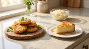 Galettes de semoule dorées sur une planche en bois et part de gâteau à la semoule avec du miel sur une assiette.
