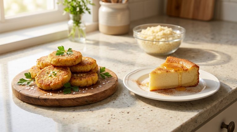 Galettes de semoule dorées sur une planche en bois et part de gâteau à la semoule avec du miel sur une assiette.