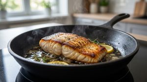 Un filet de poisson doré à la poêle avec des tranches de citron et des herbes aromatiques, dégageant de la vapeur.