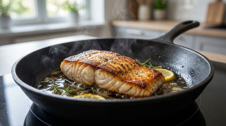 Un filet de poisson doré à la poêle avec des tranches de citron et des herbes aromatiques, dégageant de la vapeur.