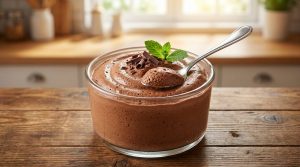 Un bol en verre rempli de mousse au chocolat onctueuse sur une table en bois, garni de copeaux de chocolat et de menthe.