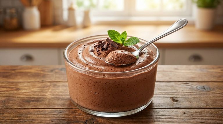 Un bol en verre rempli de mousse au chocolat onctueuse sur une table en bois, garni de copeaux de chocolat et de menthe.