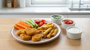 Une assiette avec des nuggets, des frites, des bâtonnets de carotte, du concombre, des tomates et trois bols de sauces.