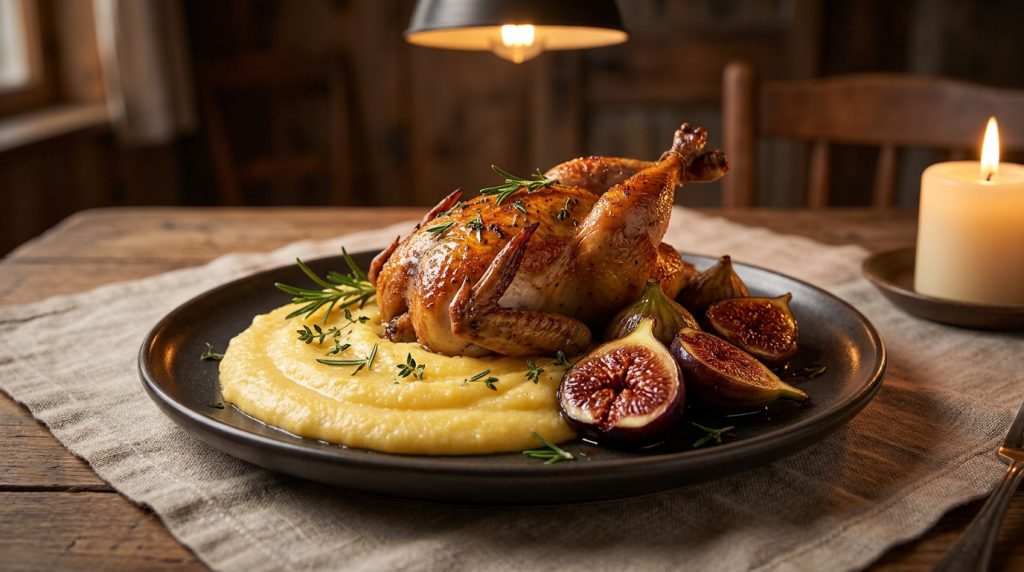 Caille rôtie sur un lit de purée crémeuse avec des figues fraîches sur une table en bois rustique.