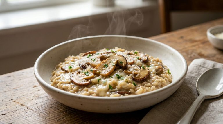 Assiette de risotto fumant garnie de cèpes sautés et de parmesan, posée sur une table en bois rustique.