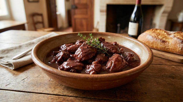 Plat en terre cuite rempli de salmis de palombe en sauce brune, décoré de thym, posé sur une table en bois rustique.