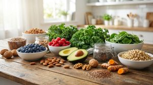 Une sélection de superaliments sains comme des baies, noix, avocat, épinards et graines sur une table en bois.