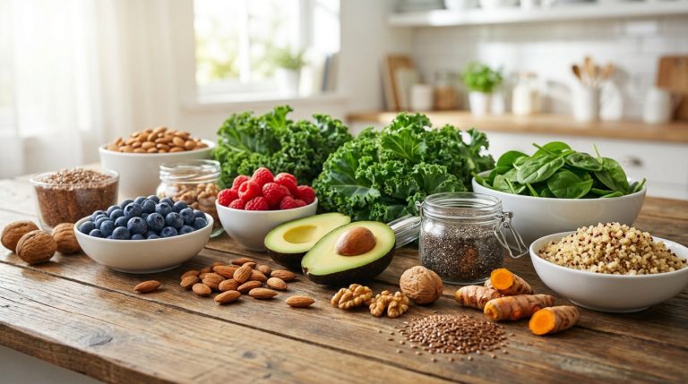 Une sélection de superaliments sains comme des baies, noix, avocat, épinards et graines sur une table en bois.