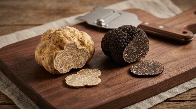 Une truffe blanche et une truffe noire coupées sur une planche en bois avec une mandoline à truffe en arrière-plan.