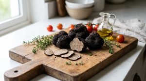 Truffes noires entières et tranchées sur une planche en bois avec du thym, des tomates cerises et de l'huile.
